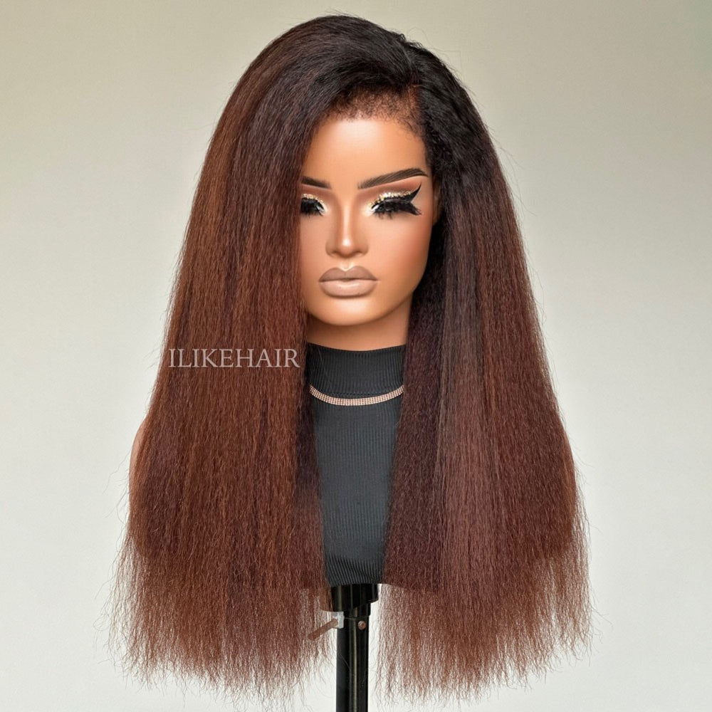 Ombre Brown Kinky Straight With Hybrid Hairline 9x4 HD Lace Glueless Wig