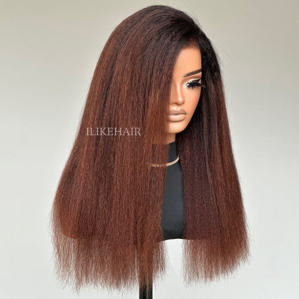 Ombre Brown Kinky Straight With Hybrid Hairline 9x4 HD Lace Glueless Wig