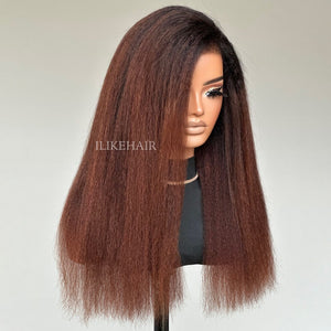 Ombre Brown Kinky Straight With Hybrid Hairline 9x4 HD Lace Glueless Wig