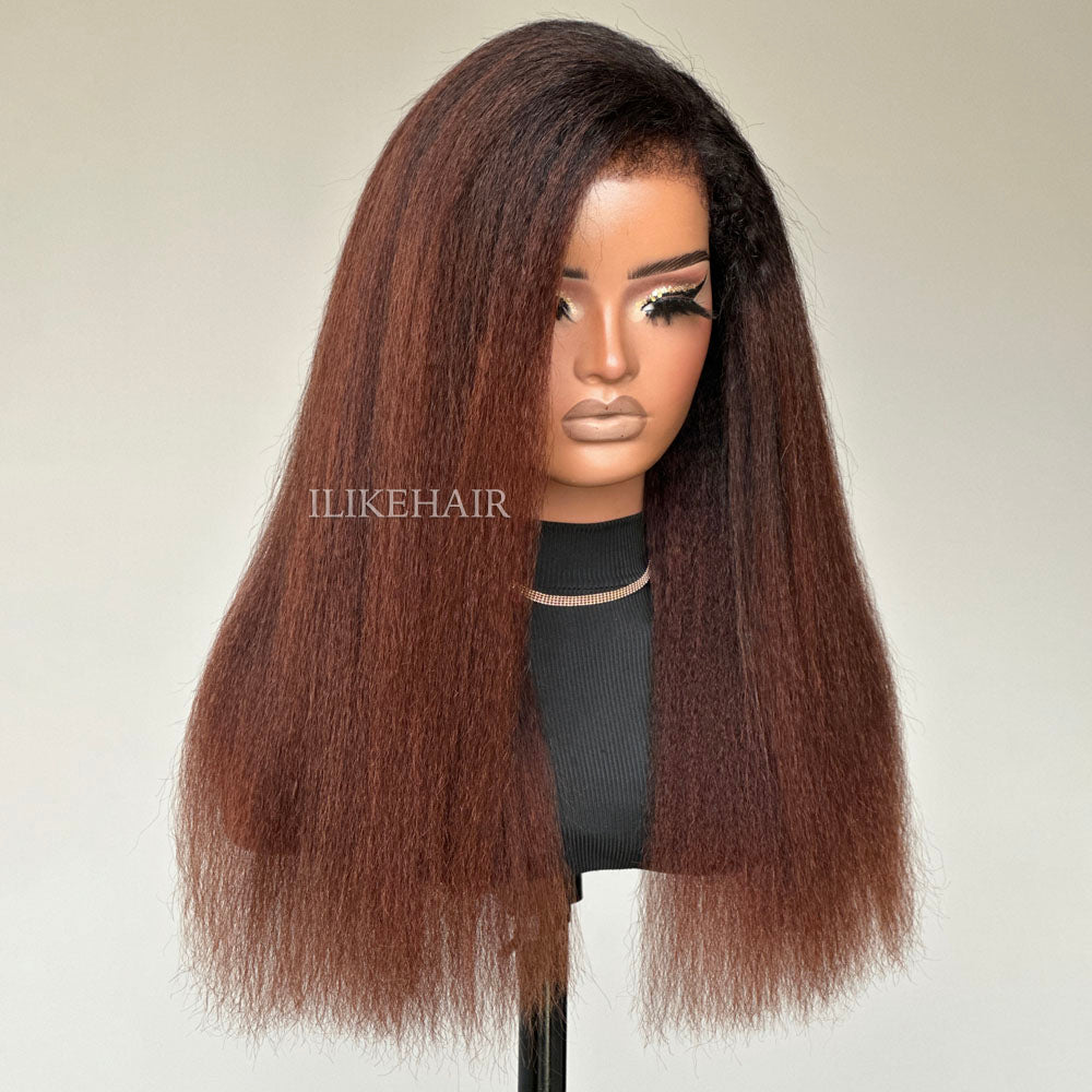 Ombre Brown Kinky Straight With Hybrid Hairline 9x4 HD Lace Glueless Wig