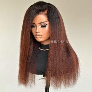 Ombre Brown Kinky Straight With Hybrid Hairline 9x4 HD Lace Glueless Wig