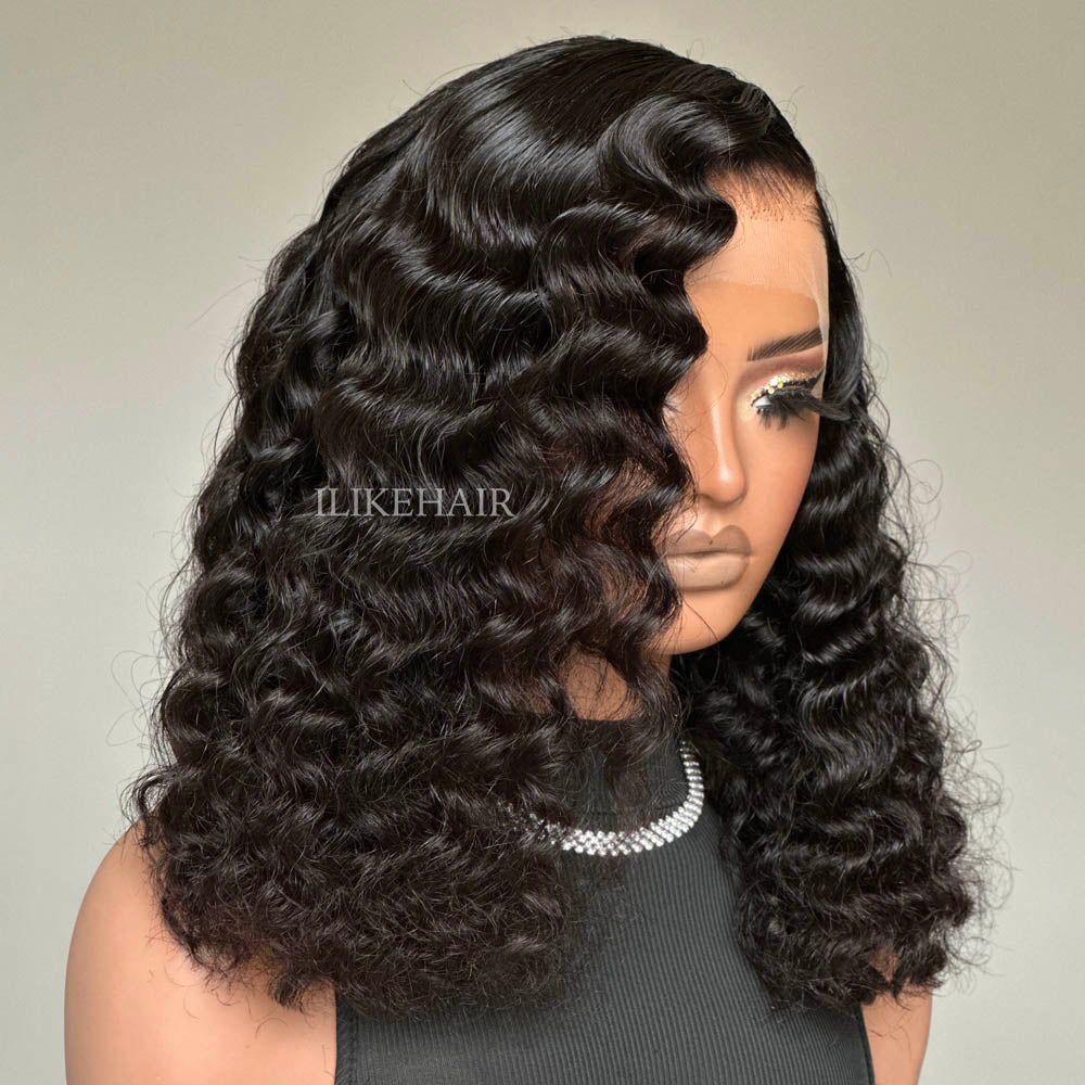 Side Part Natural Black Deep Wave  Lace Wig