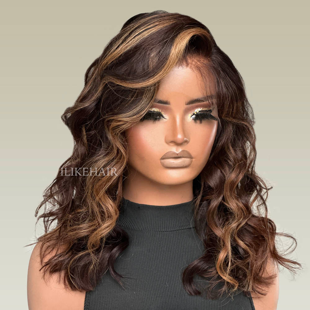 Brown With Blonde Highlights Wavy 13x4 Lace Front Wig