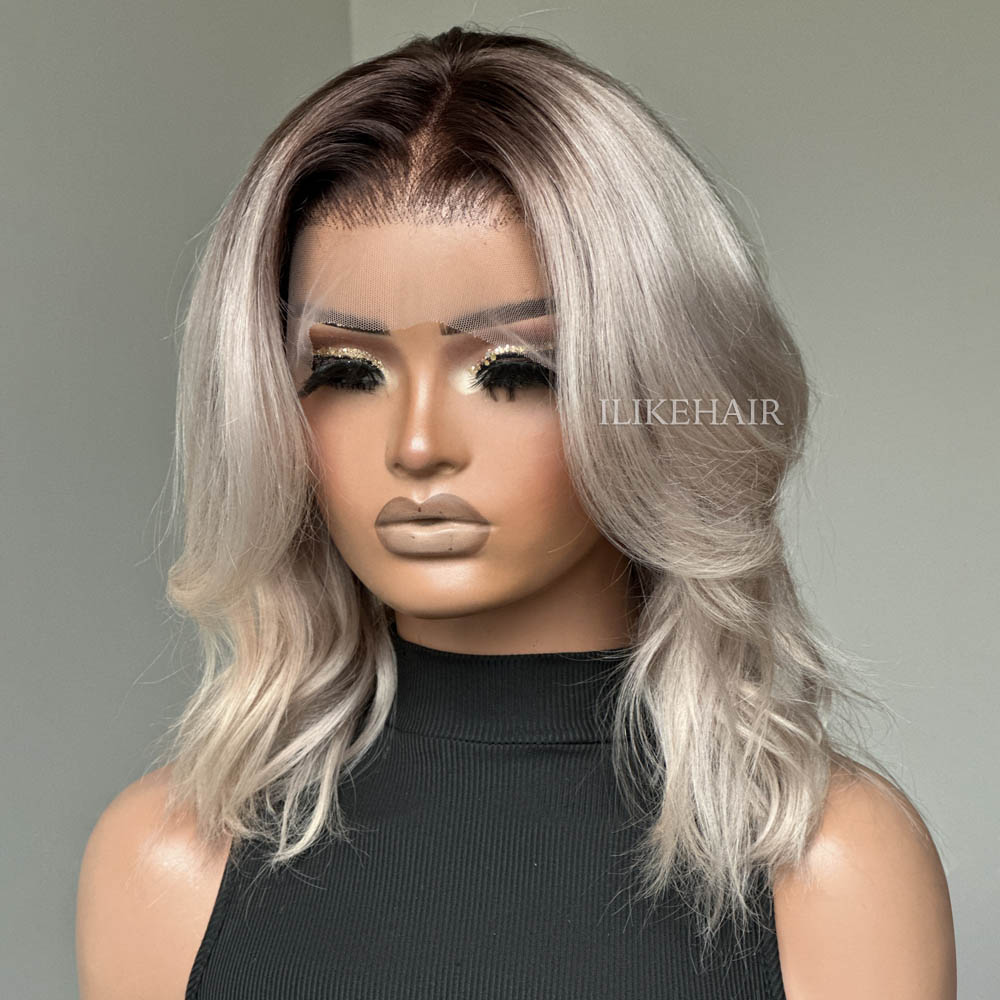 Ash Blonde With Dark Root Short Wavy Lace Wig