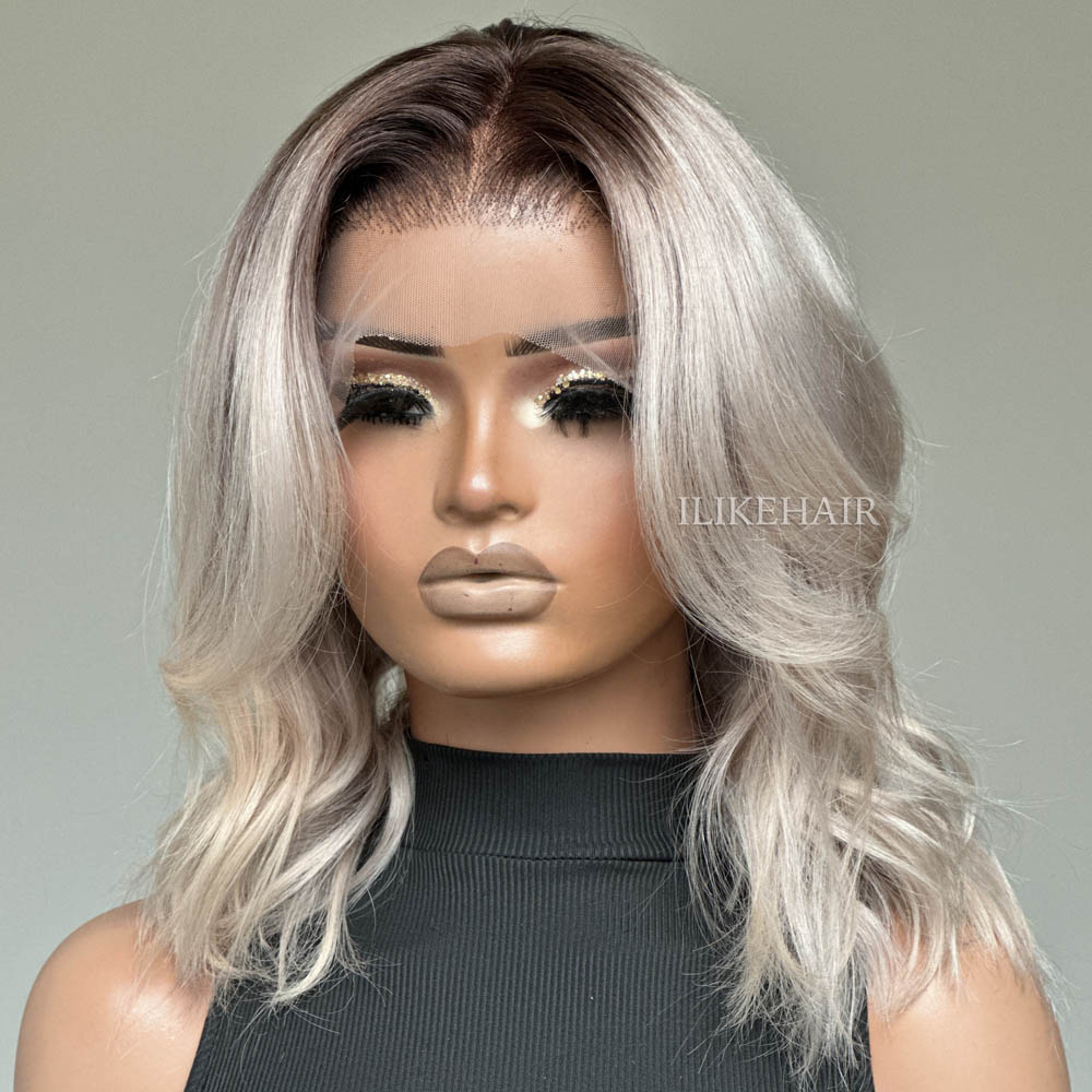 Ash Blonde With Dark Root Short Wavy Lace Wig