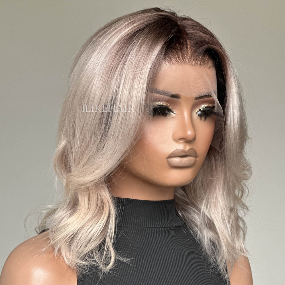 Ash Blonde With Dark Root Short Wavy Lace Wig