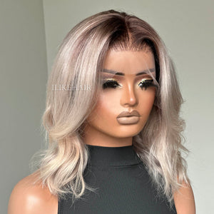 Ash Blonde With Dark Root Short Wavy Lace Wig