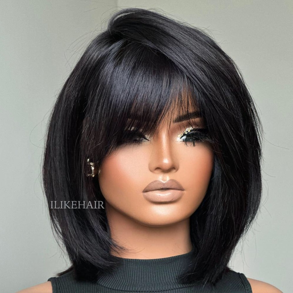 Short Face-Framing Layered Cut Straight Lace Closure Wig With Bangs