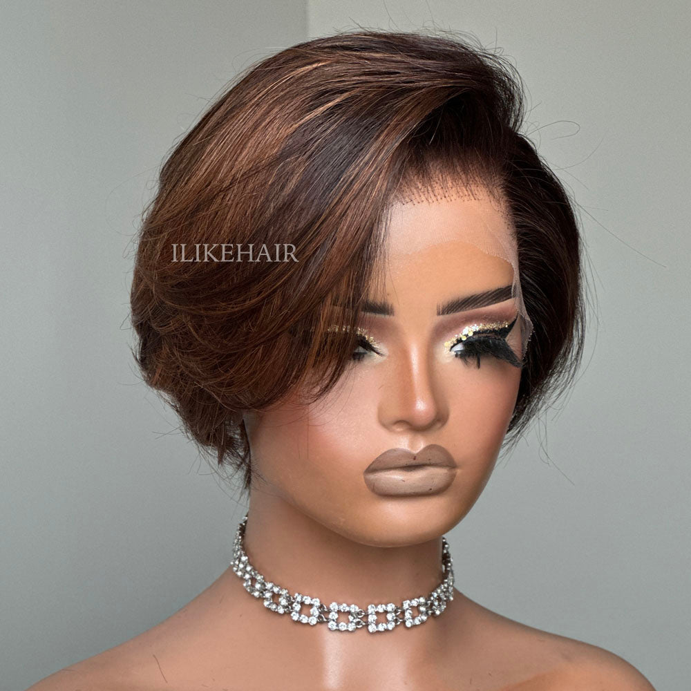 Boss Vibe Brown Highlights Layered Pixie Cuts Lace Wig