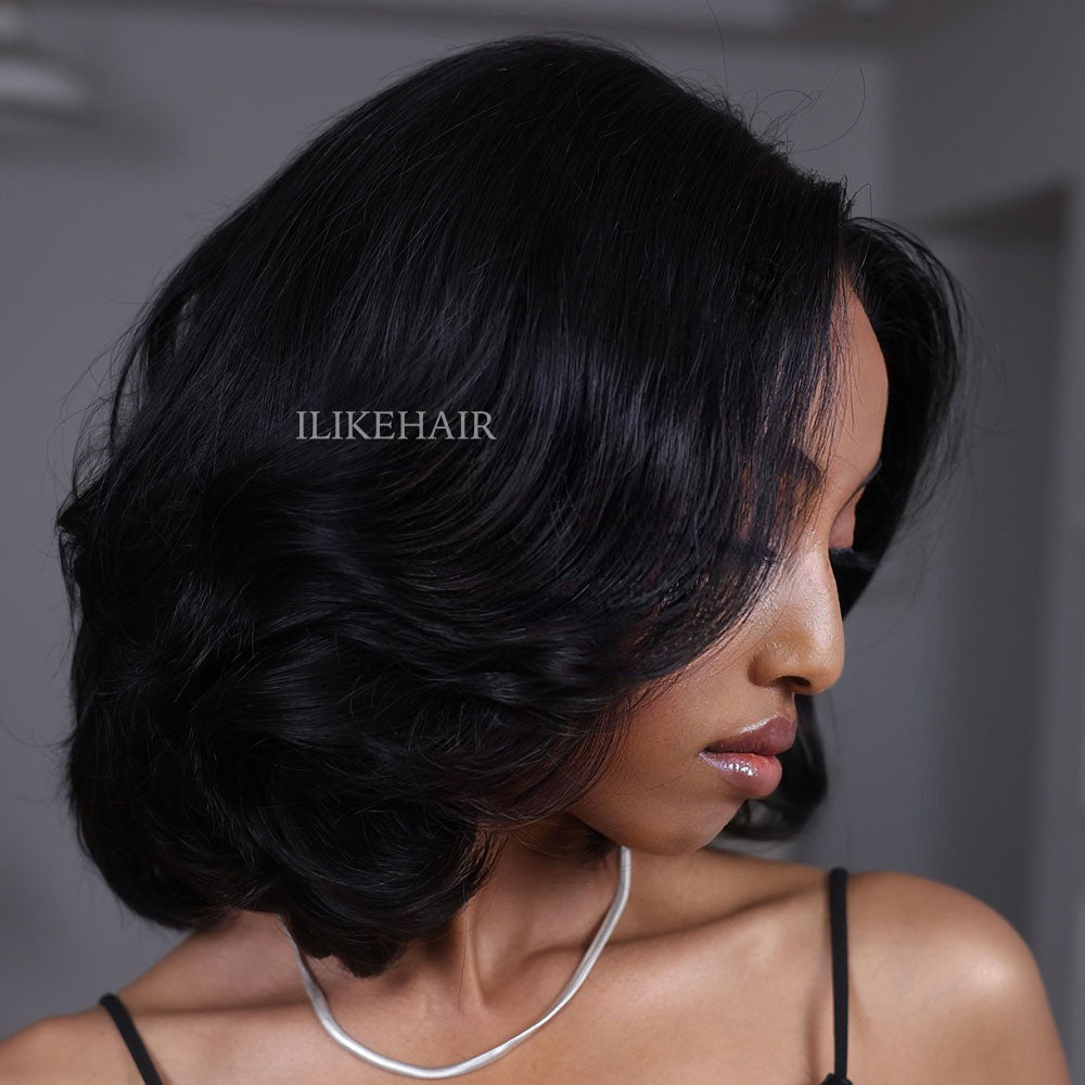 Put on & Go Layered Bob Short Wavy Glueless Human Hair Lace Wig