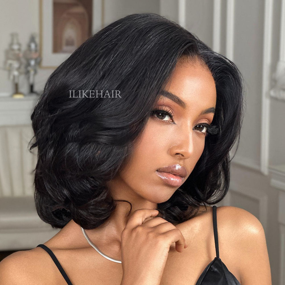 Put on & Go Layered Bob Short Wavy Glueless Human Hair Lace Wig