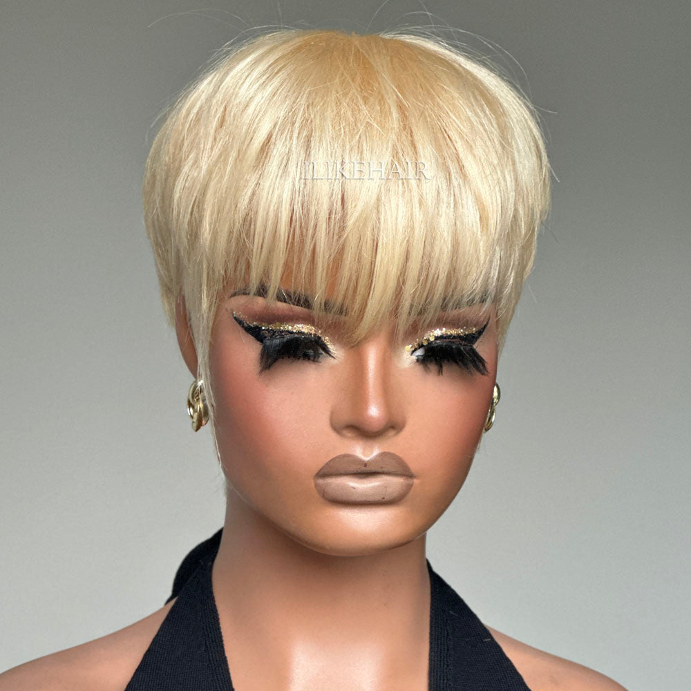 613 Blonde Layered Pixie Cut Glueless Human Hair Wig With Bangs