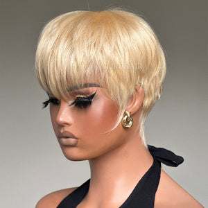 613 Blonde Layered Pixie Cut Glueless Human Hair Wig With Bangs