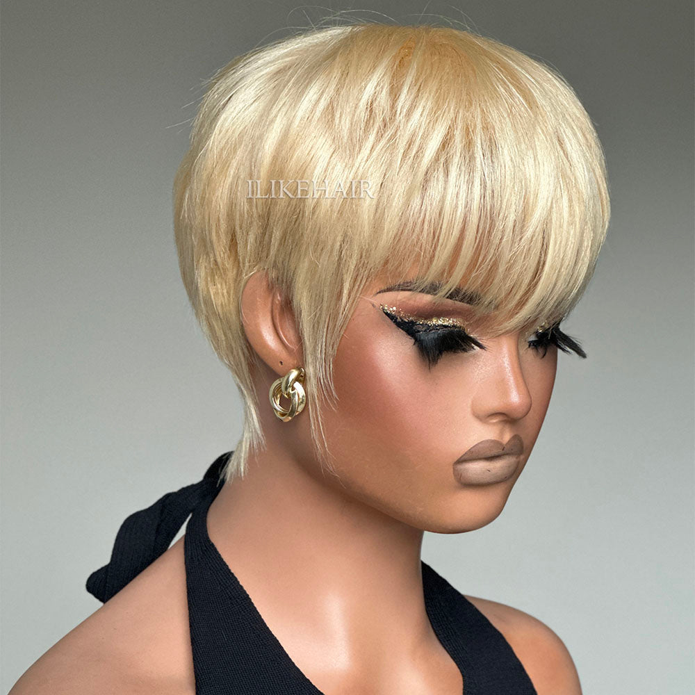 613 Blonde Layered Pixie Cut Glueless Human Hair Wig With Bangs