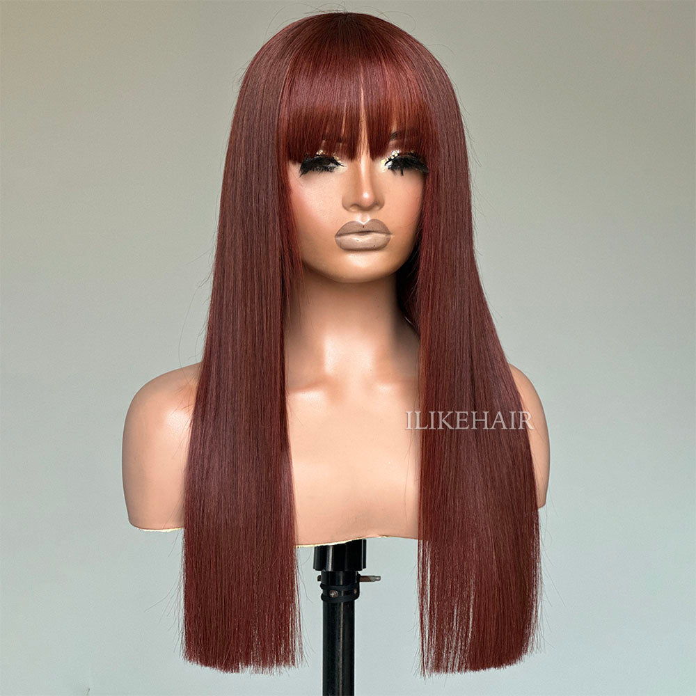 Put On & Go Reddish Brown Straight Glueless Wig With Bangs