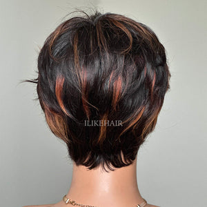 Glueless Brown Highlight Layered Pixie Cut Wig With Bangs