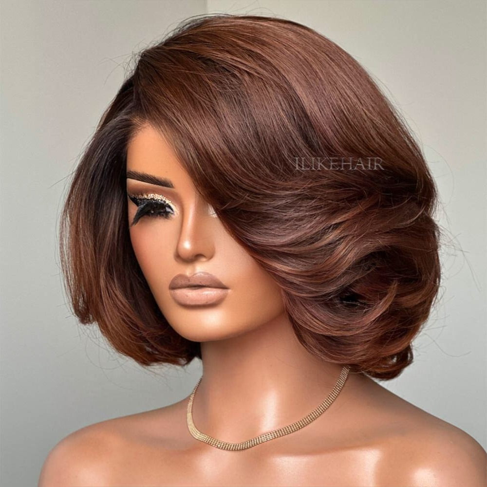 Ombre Brown Layered Wavy Bob Lace Wig