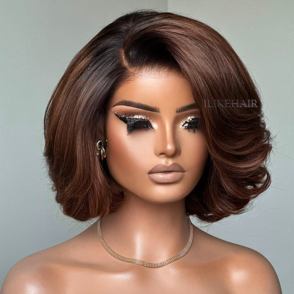 Ombre Brown Layered Wavy Bob Lace Wig