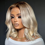 Shoulder Length Blonde Wavy Dark Roots 13x4 Lace Front Wig