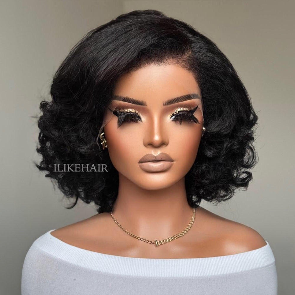 Short Layered Bouncy Curly With Kinky Edges 13x4 Lace Front Wig