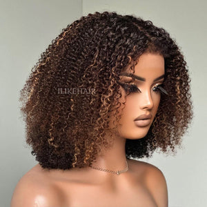 Ombre Brown Highlights Kinky Curly With Kinky Edges Bob Wig