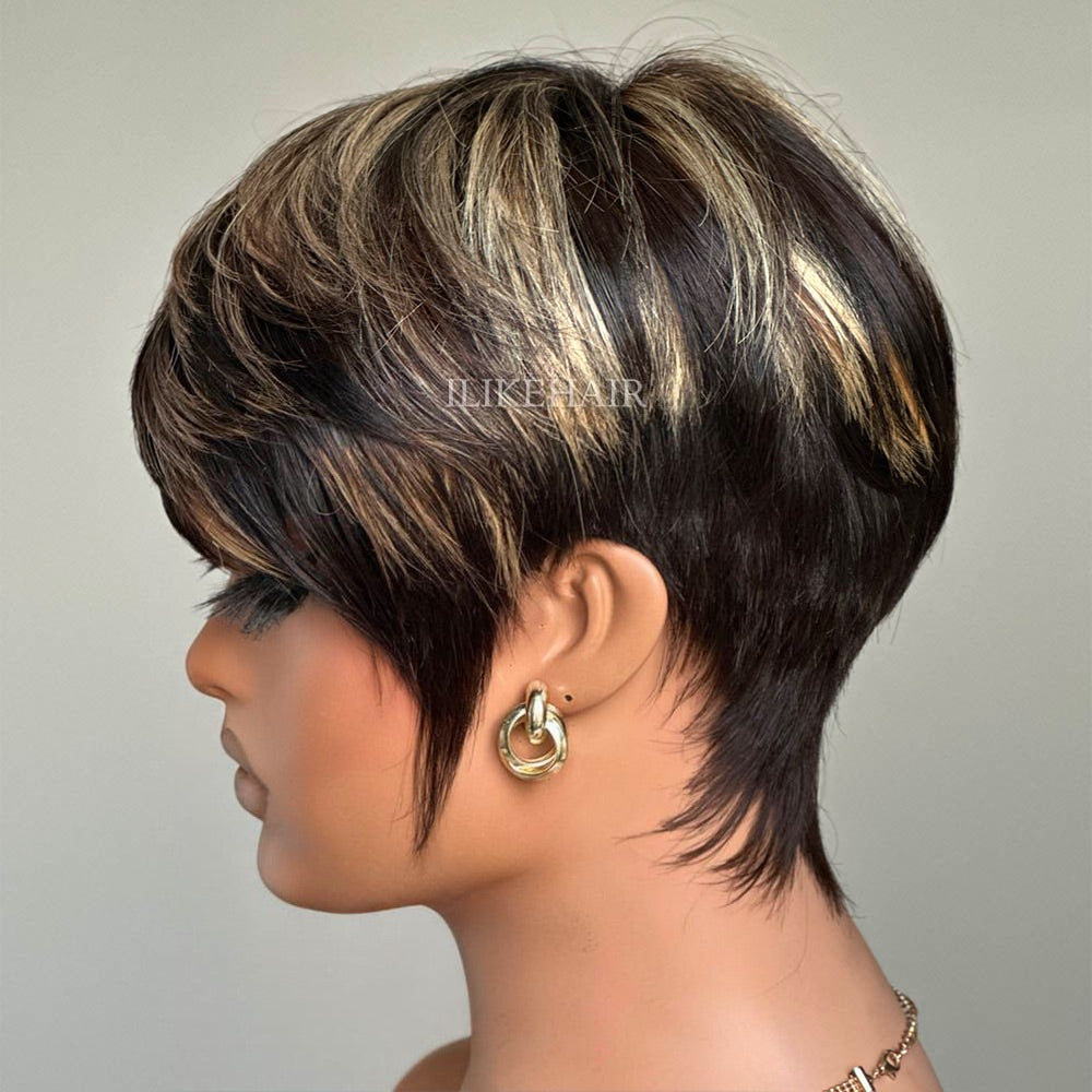 Put On & Go Blonde Highlight Layered Pixie Cut Wig With Bangs