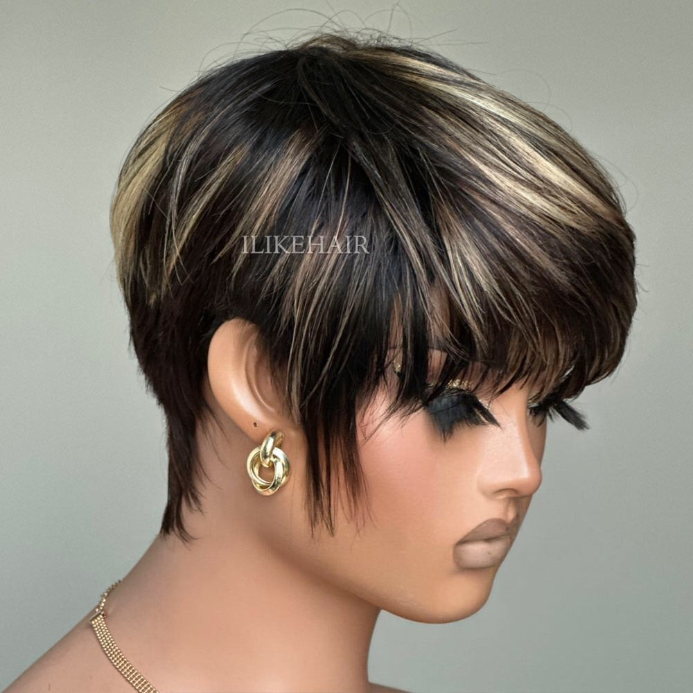 Put On & Go Blonde Highlight Layered Pixie Cut Wig With Bangs