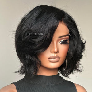 Natural Black Layered Fluffy Bob 5x5 Lace Closure Wig