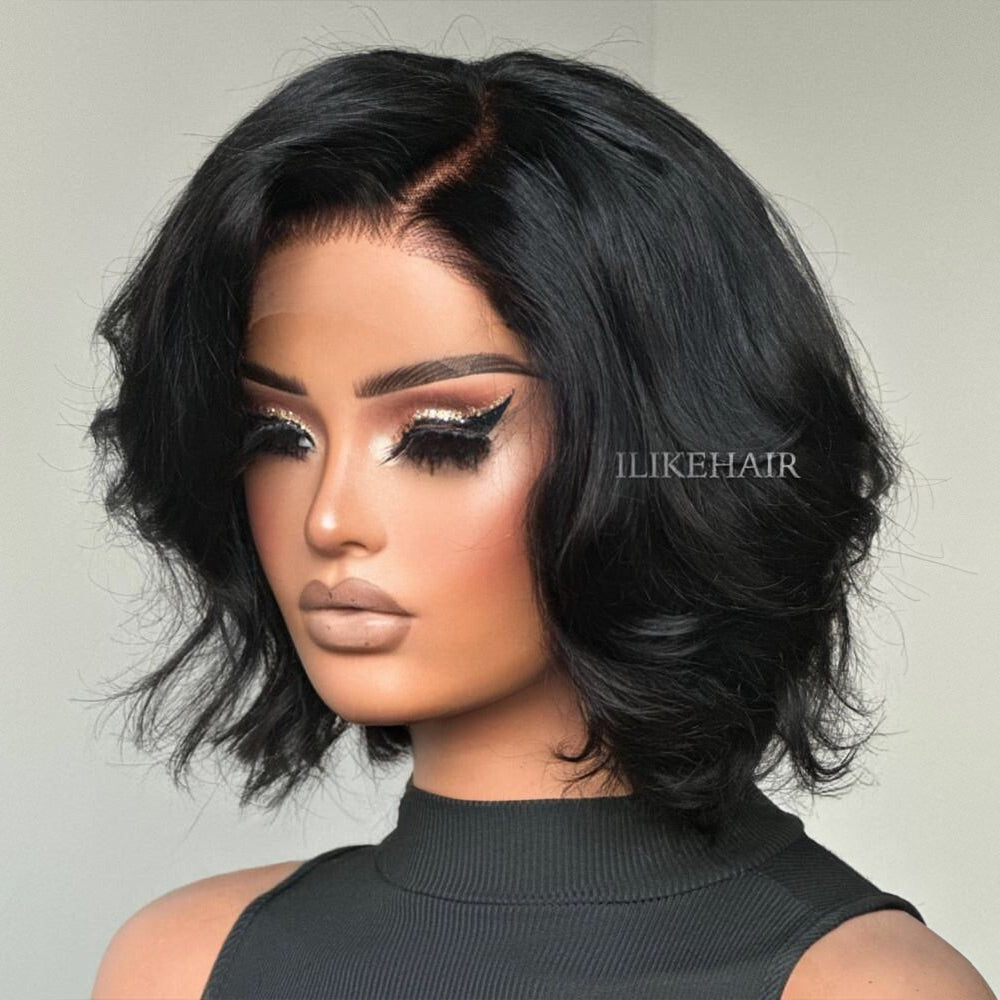 Natural Black Layered Fluffy Bob 5x5 Lace Closure Wig