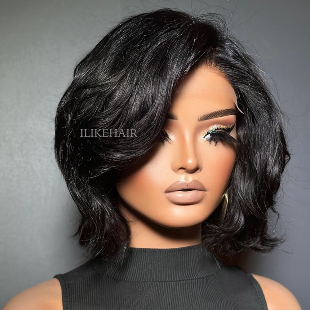 Natural Black Layered Fluffy Bob 5x5 Lace Closure Wig