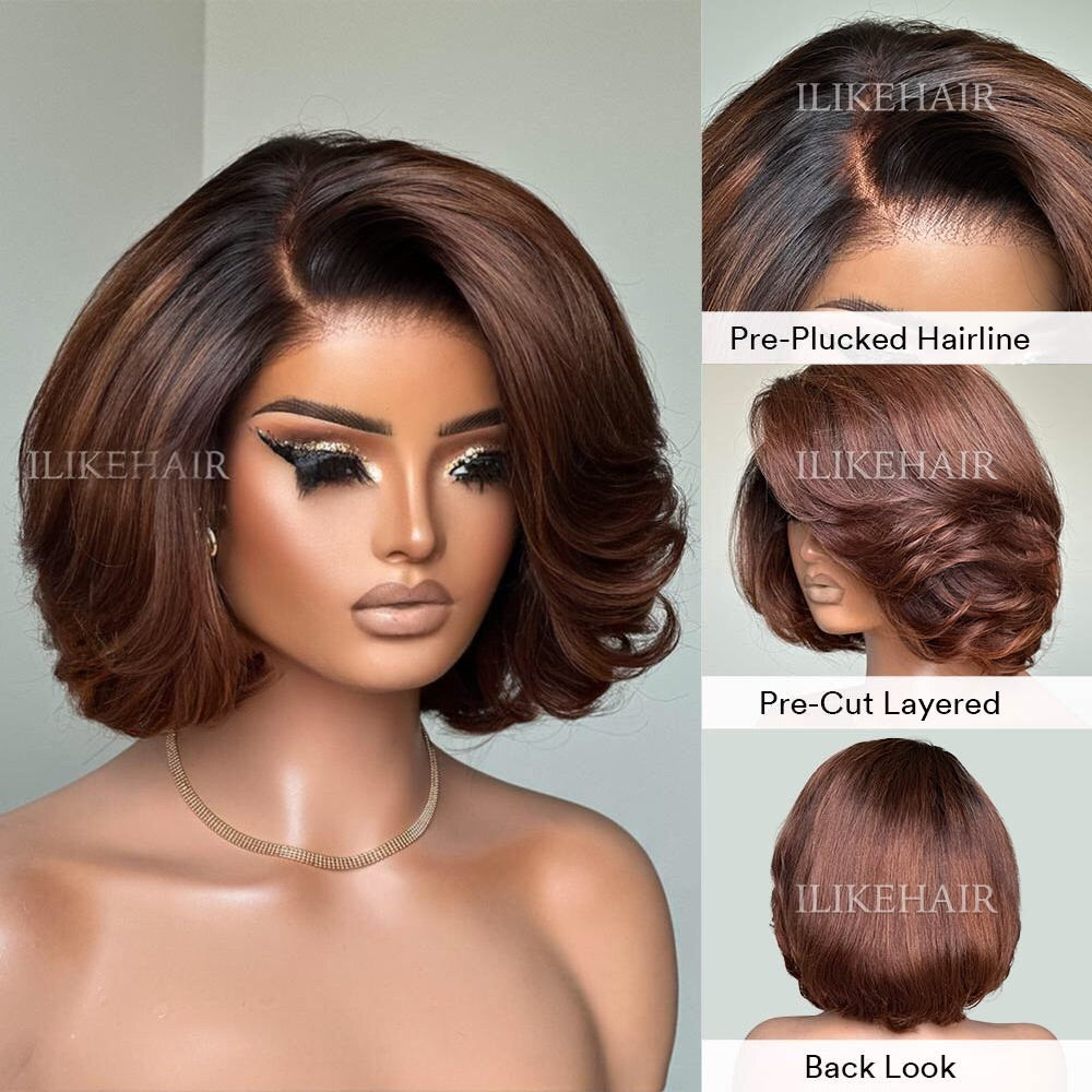 Ombre Brown Layered Wavy Bob Lace Wig