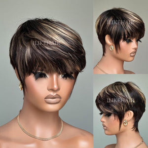 Put On & Go Blonde Highlight Layered Pixie Cut Wig With Bangs