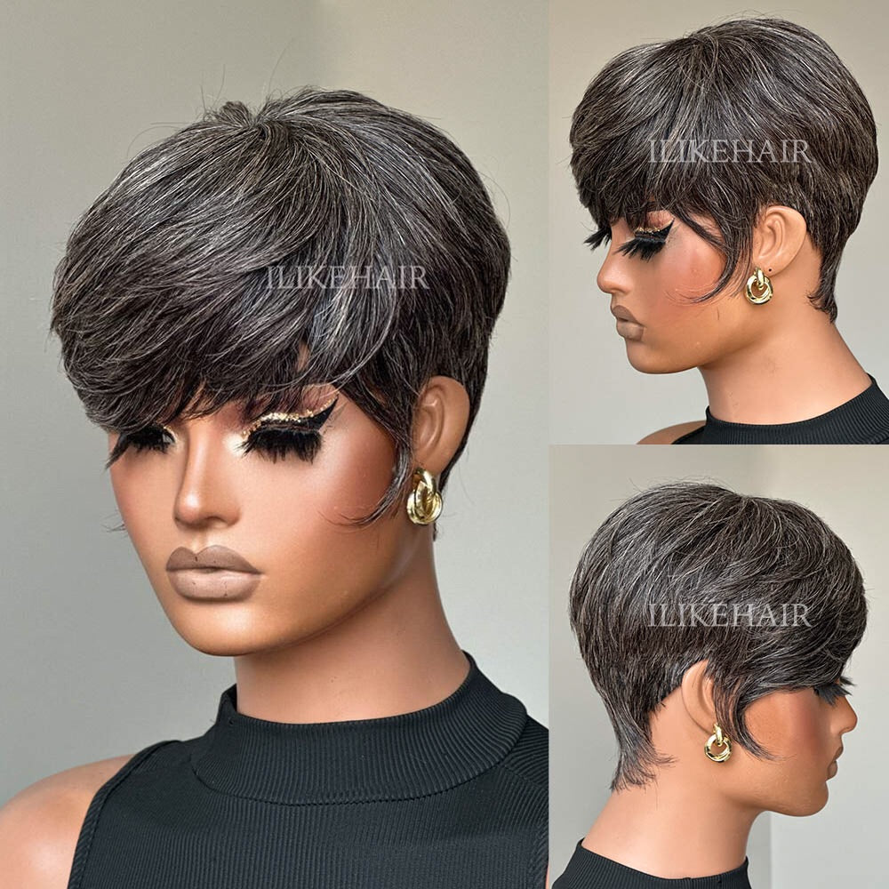 Designer Salt and Pepper Pixie Cuts Glueless Human Hair Wig