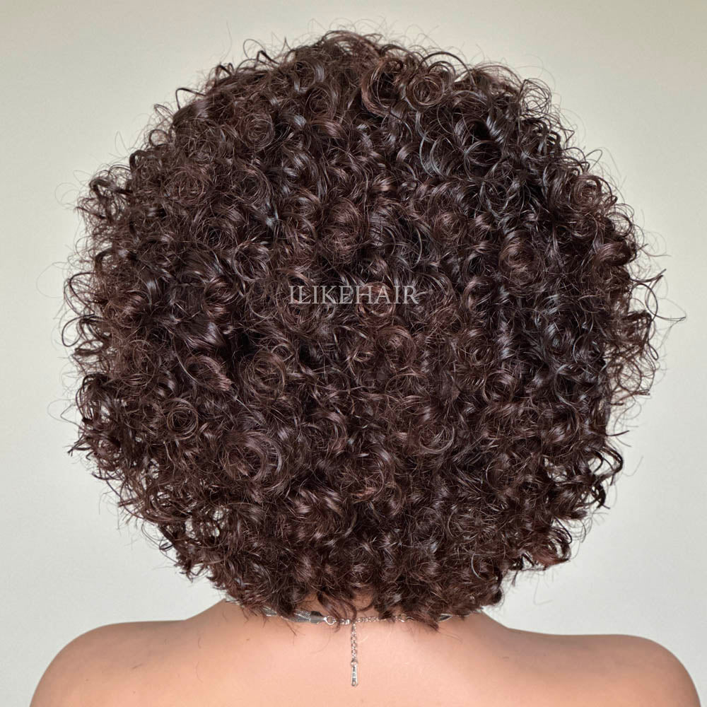 Dark Brown Curly Bob Lace Closure Wig With Bangs