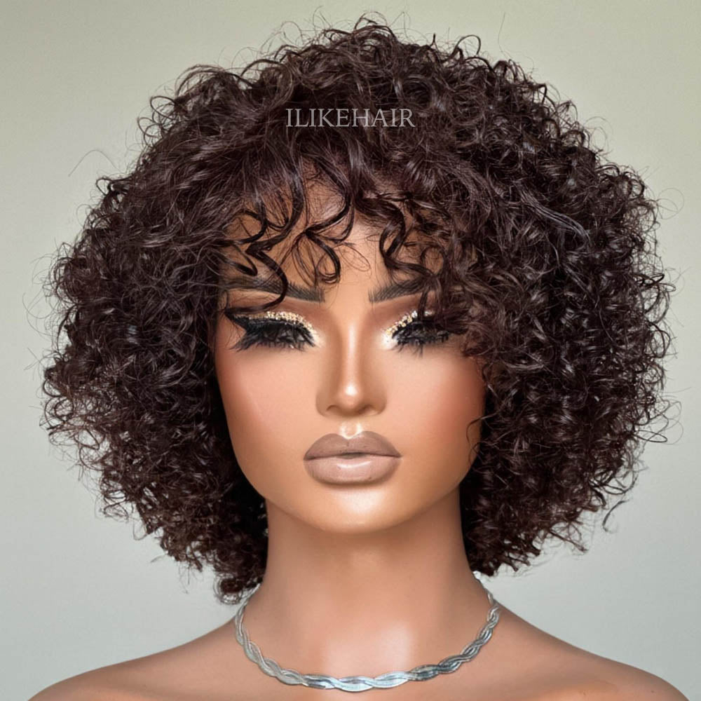 Dark Brown Curly Bob Lace Closure Wig With Bangs