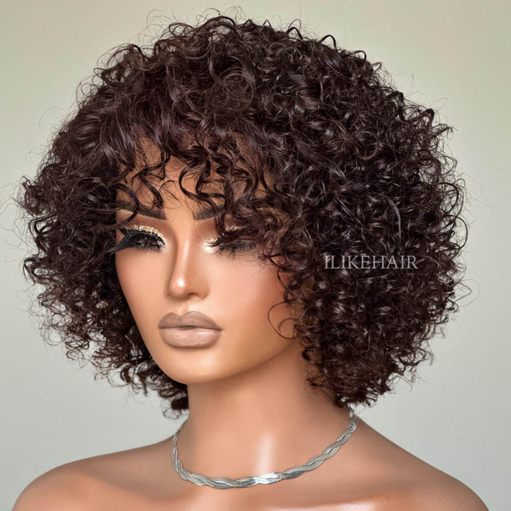 Dark Brown Curly Bob Lace Closure Wig With Bangs