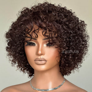 Dark Brown Curly Bob Lace Closure Wig With Bangs