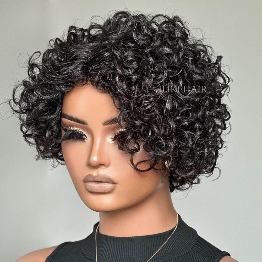 Dark Salt & Pepper Rose Curly Bob Glueless Human Hair Wig