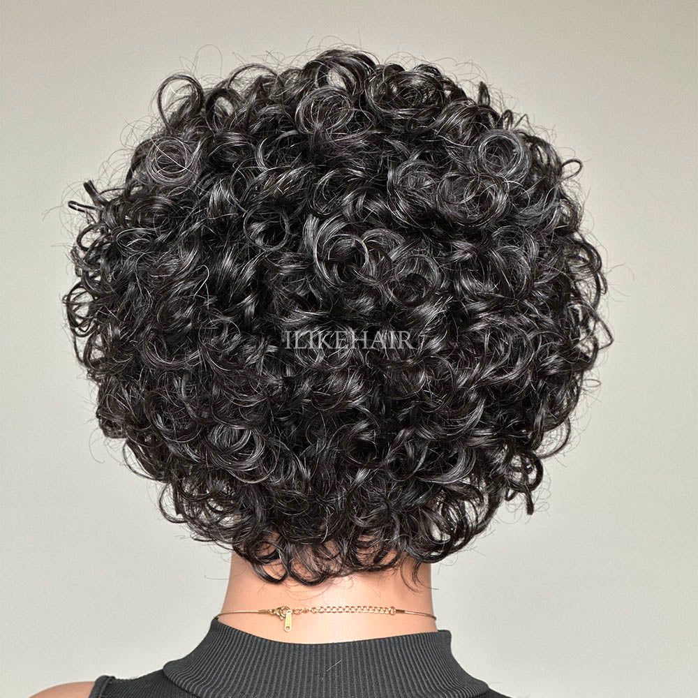 Dark Salt & Pepper Rose Curly Bob Glueless Human Hair Wig