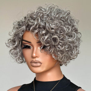 Glueless Ash Grey Rose Curly Bob Human Hair Wig