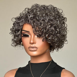 Glueless Salt & Pepper Rose Curly Bob Human Hair Wig