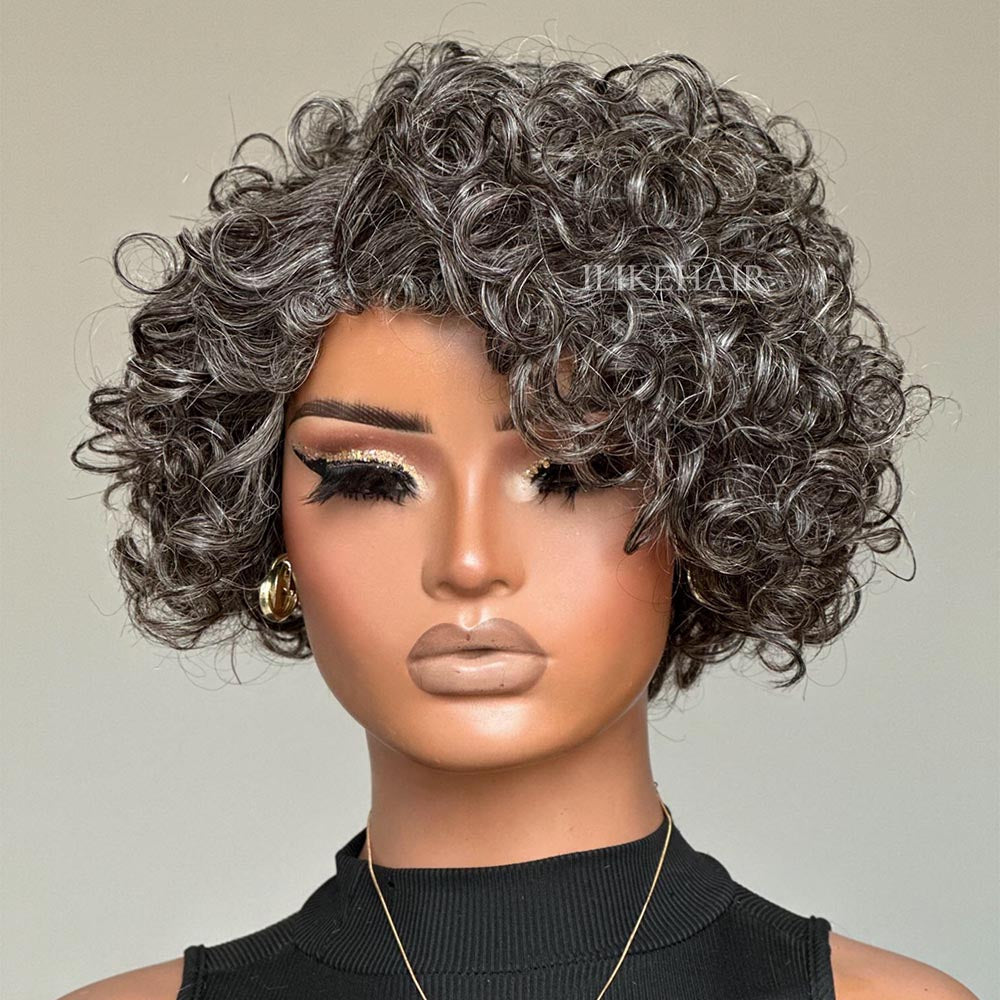 Glueless Salt & Pepper Rose Curly Bob Human Hair Wig