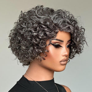 Glueless Salt & Pepper Rose Curly Bob Human Hair Wig