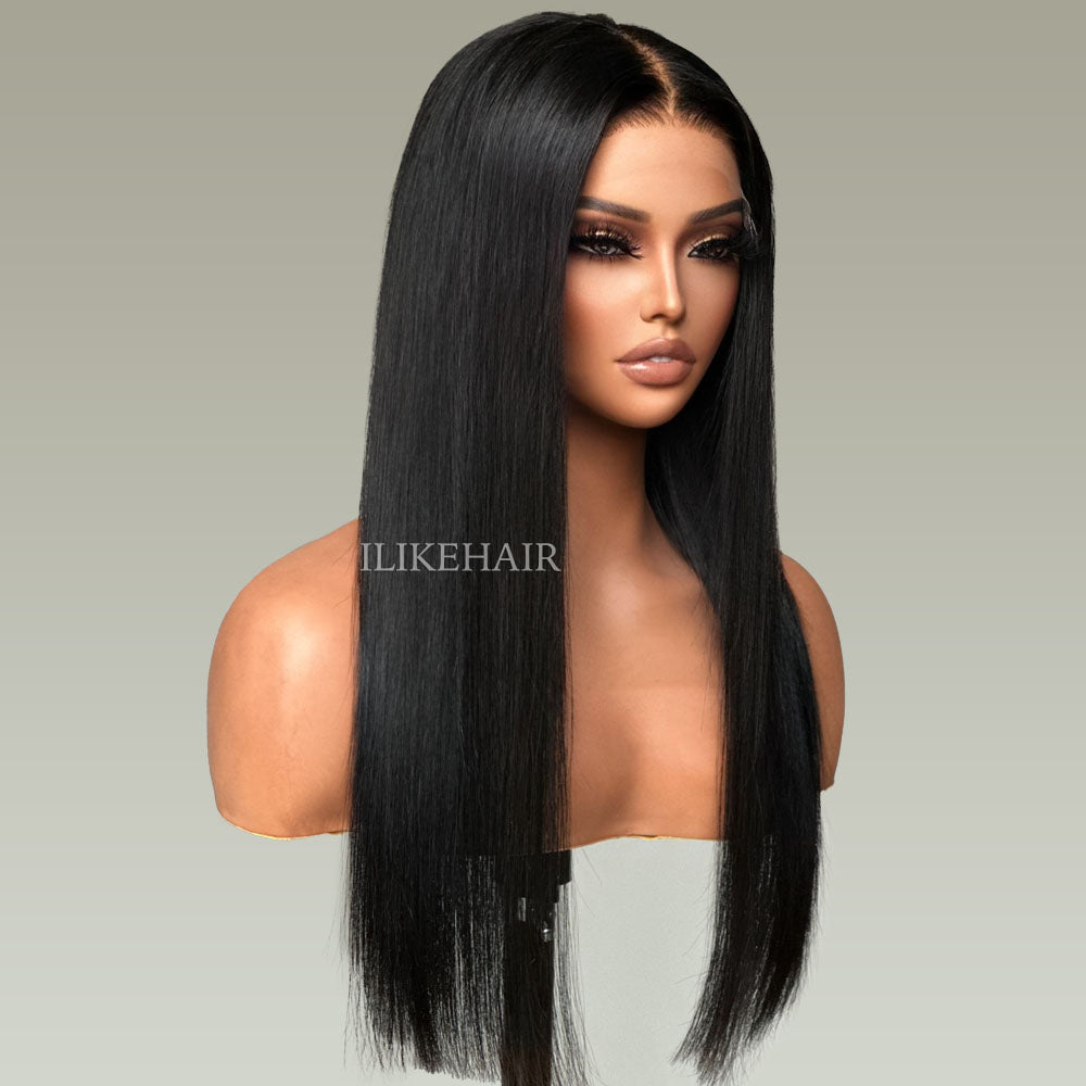 Long-lasting Replaceable Lace Natural Black Silk Straight Zipper Wig