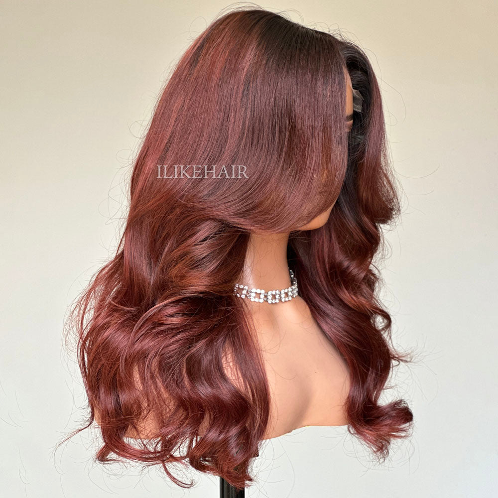 Long Layers Ombre Reddish Brown Body Wave Lace Closure Wig