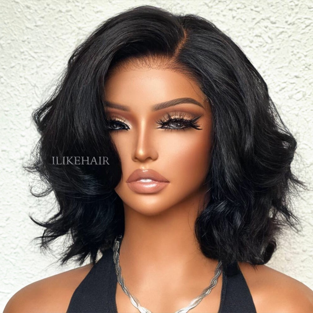 Put on & Go Side Part Layered Fluffy Bob Lace Closure Wig