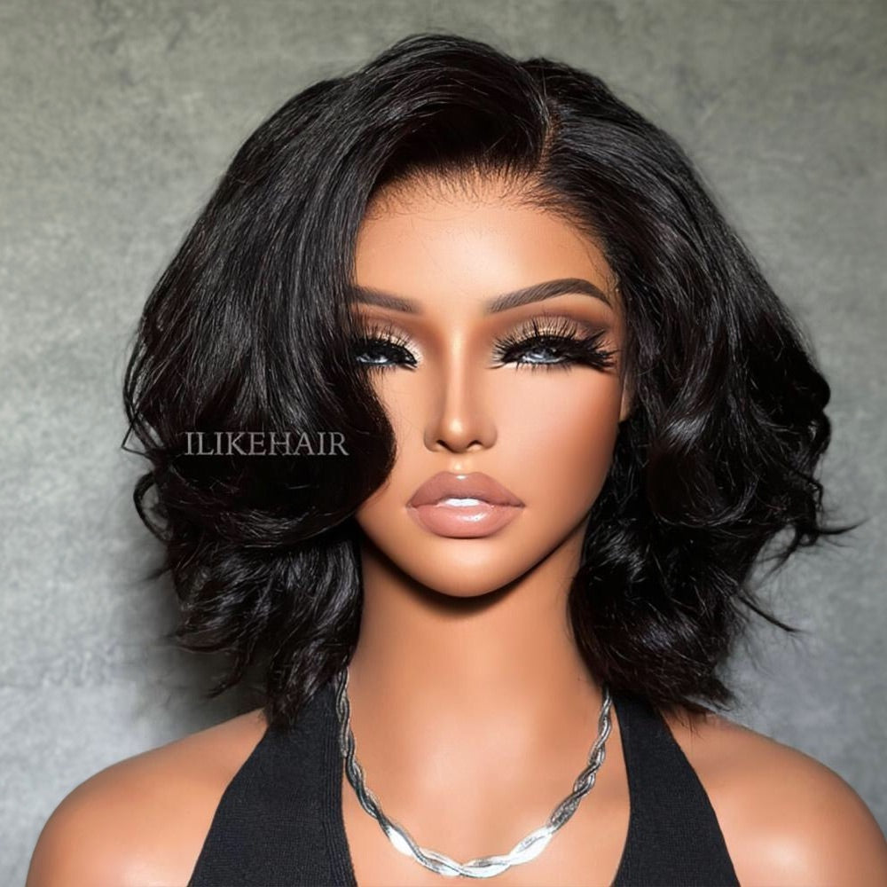 Put on & Go Side Part Layered Fluffy Bob Lace Closure Wig