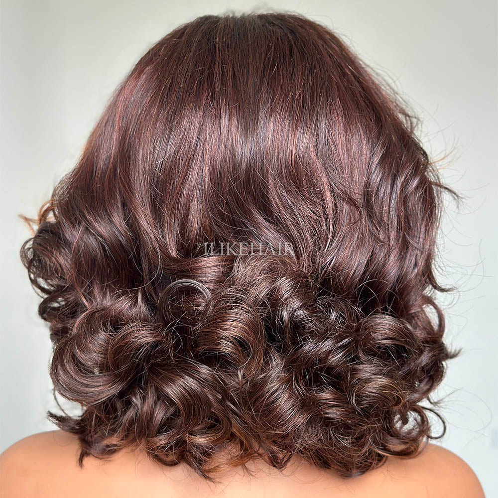 Fall Vibe Brown Highlight Short Layered Wavy Lace Closure Wig