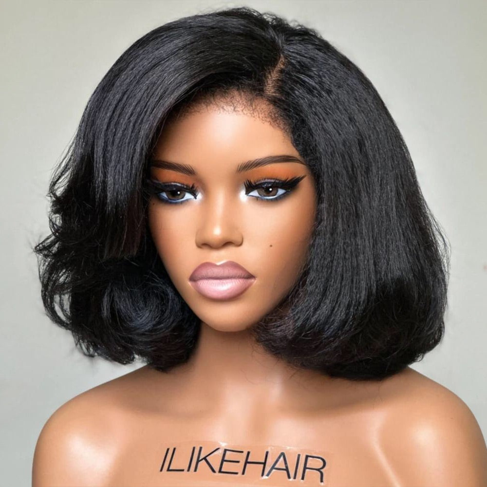 Put on & Go Side Part Short Layered Bob Kinky Edges Wig