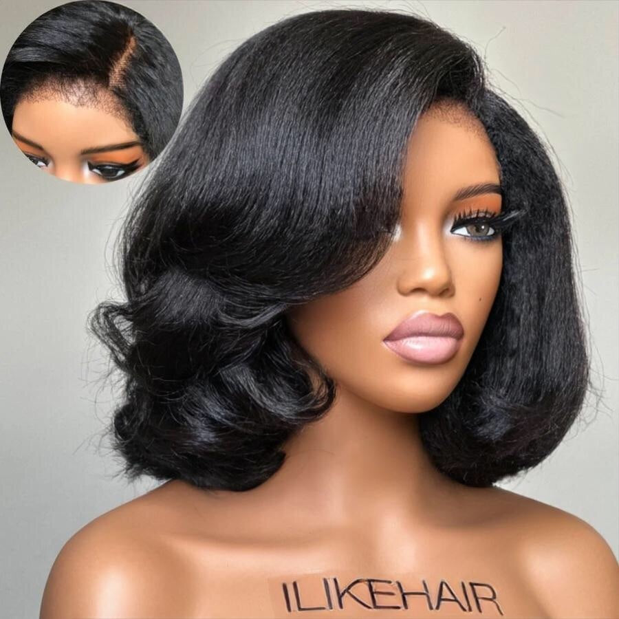 Put on & Go Side Part Short Layered Bob Kinky Edges Wig